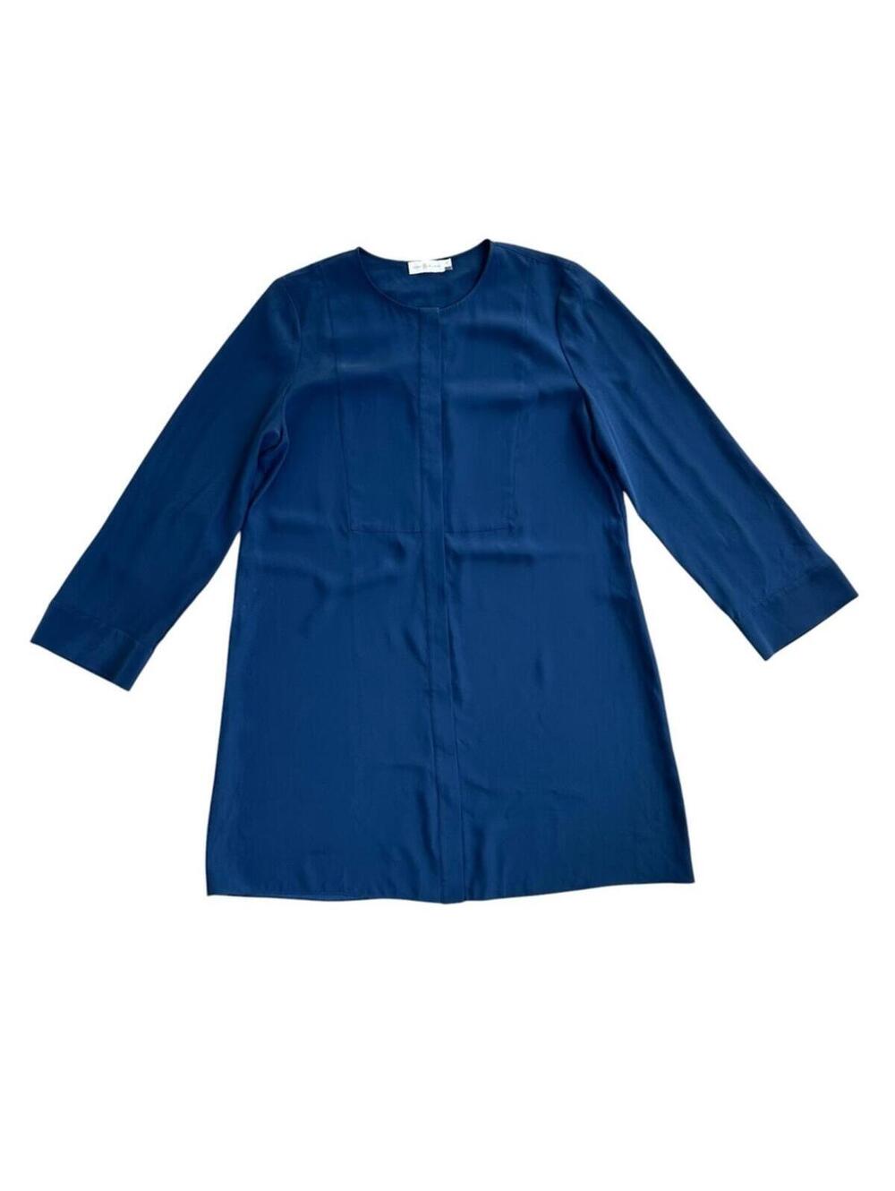 Tory Burch Navy Blue Silk Long Sleeve Button Up Shirt Dress
